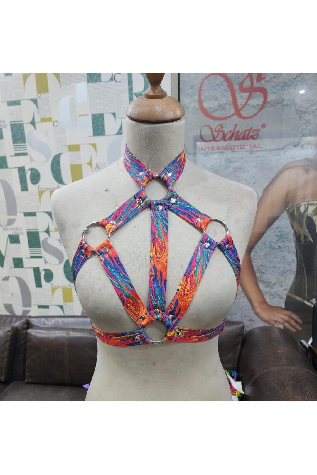 Tie Dye Print Stretchy Body Harness w/Silver Hardware-Body Harness-SEXYSHOES.COM