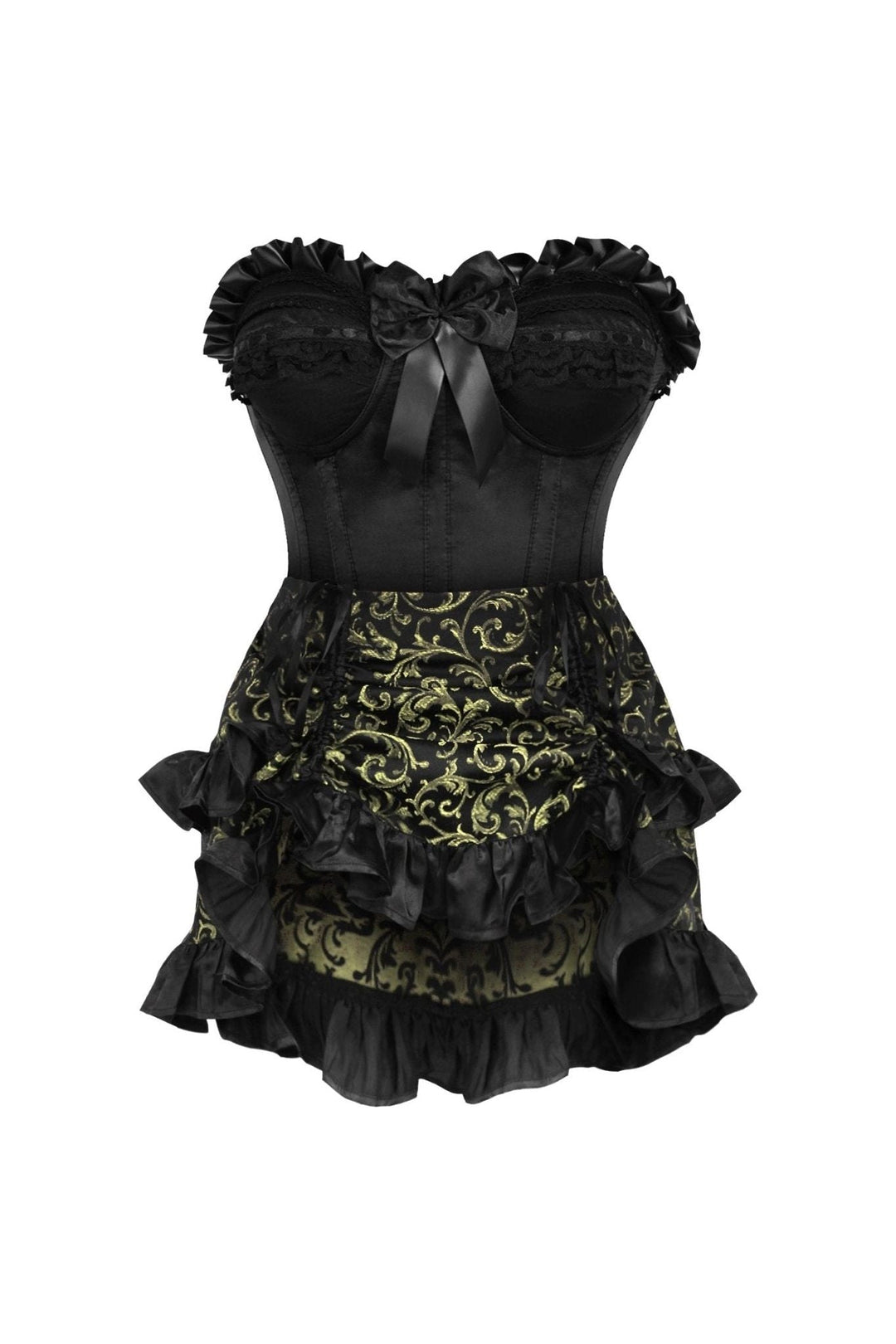 Daisy Corsets Top Drawer 2 PC Black Satin Steel Boned Burlesque Corset & Gold Brocade Skirt Set in Black  from SexyShoes.com