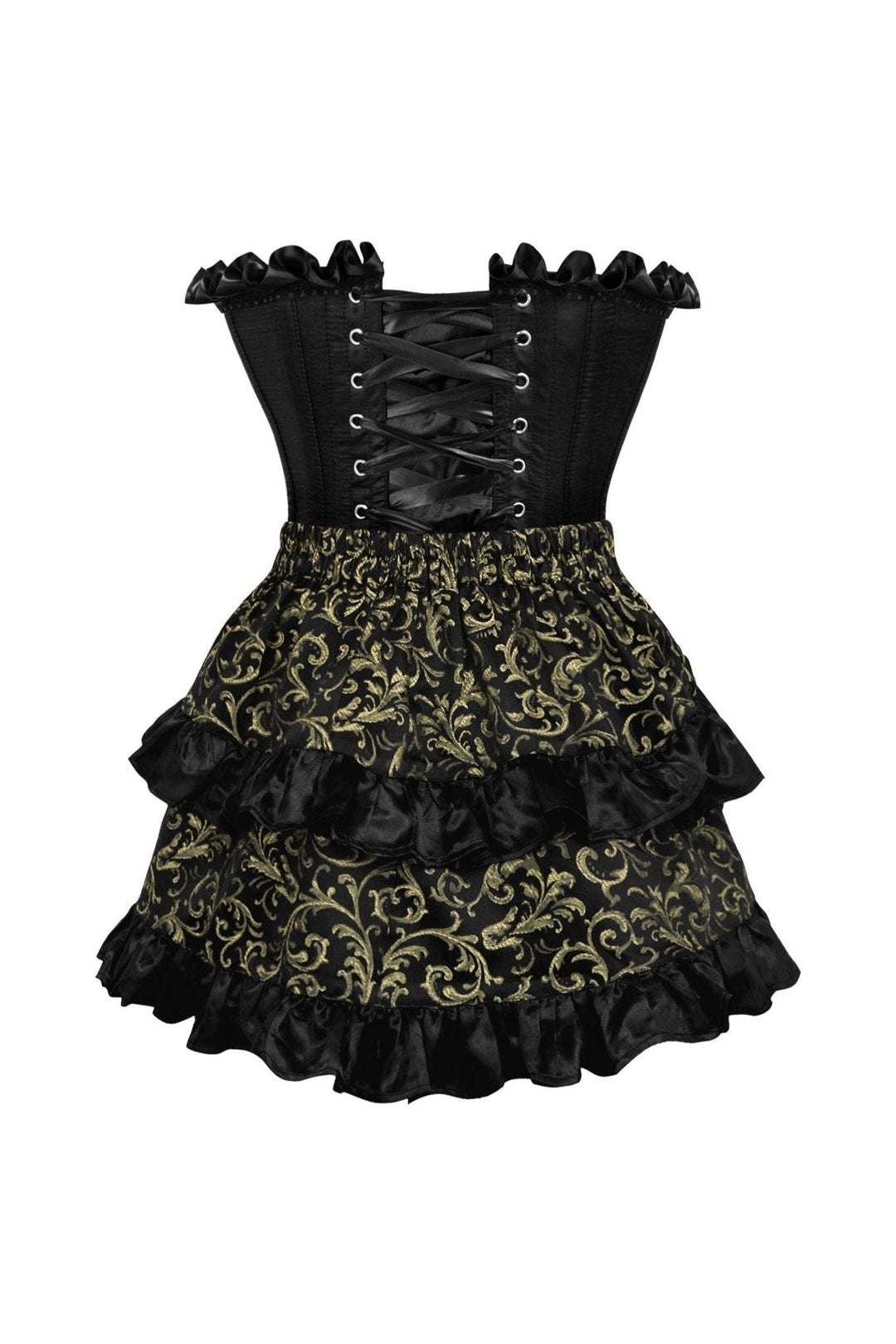 Daisy Corsets Top Drawer 2 PC Black Satin Steel Boned Burlesque Corset & Gold Brocade Skirt Set in Black