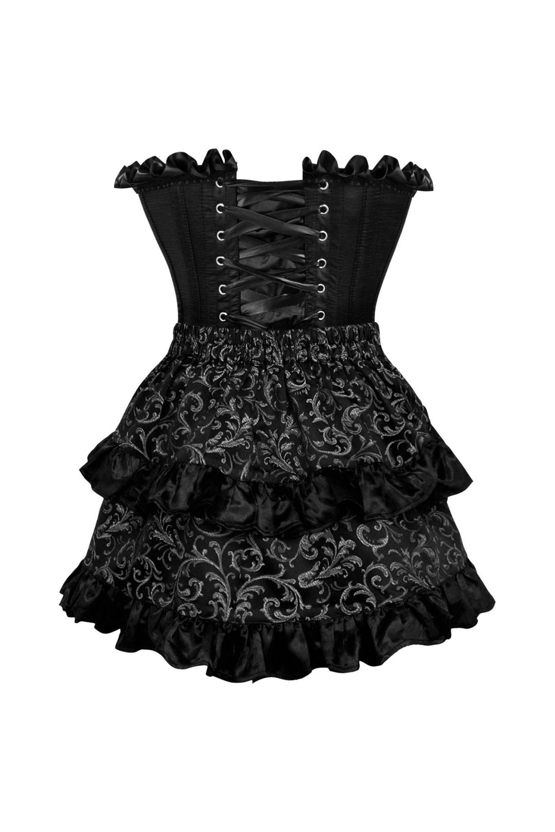 Daisy Corsets Top Drawer 2 PC Black Satin Steel Boned Burlesque Corset & Silver Brocade Skirt Set in Black