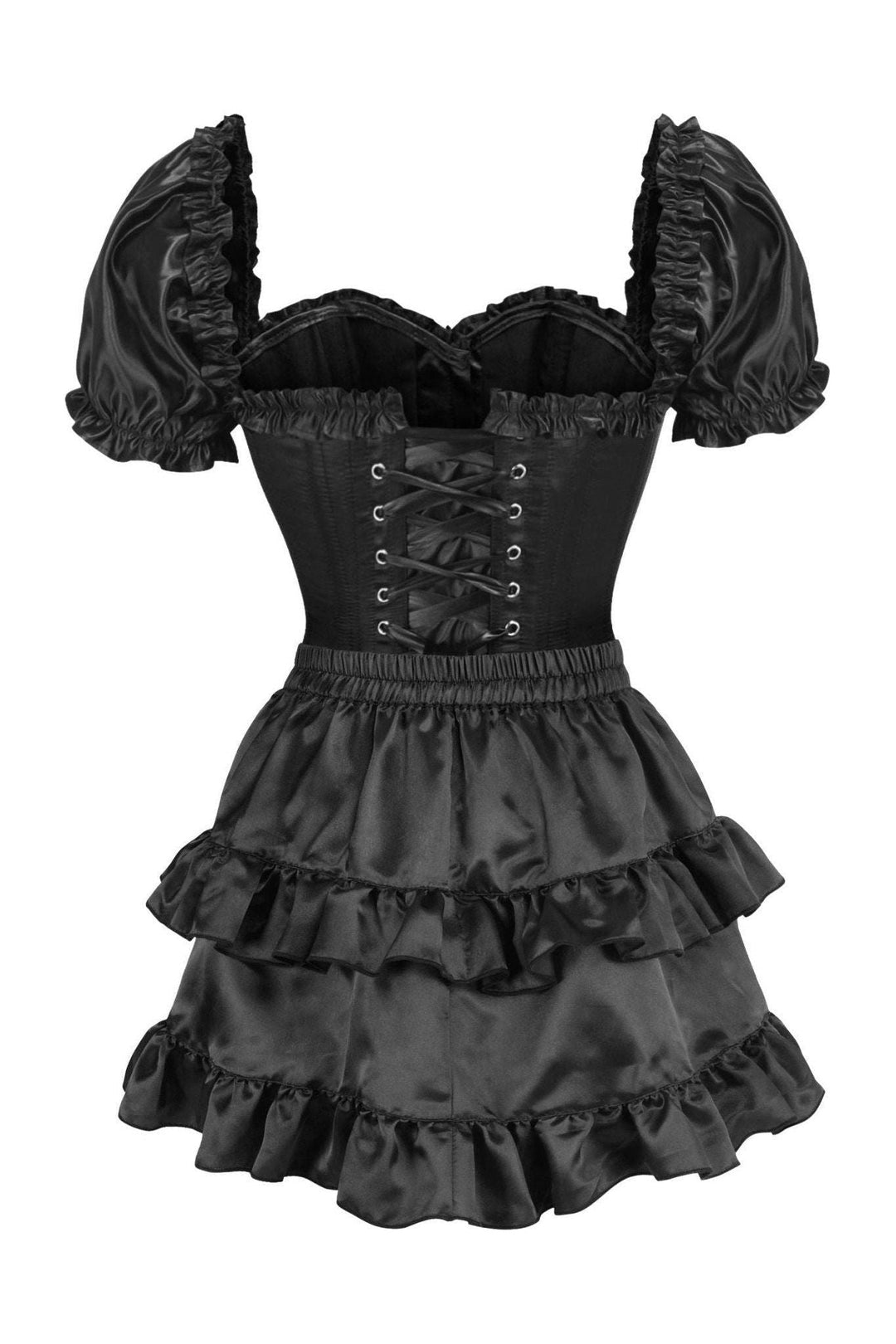 Daisy Corsets Top Drawer 2 PC Black Satin Steel Boned Overbust Corset w/Sleeves & Satin Skirt Set in Black