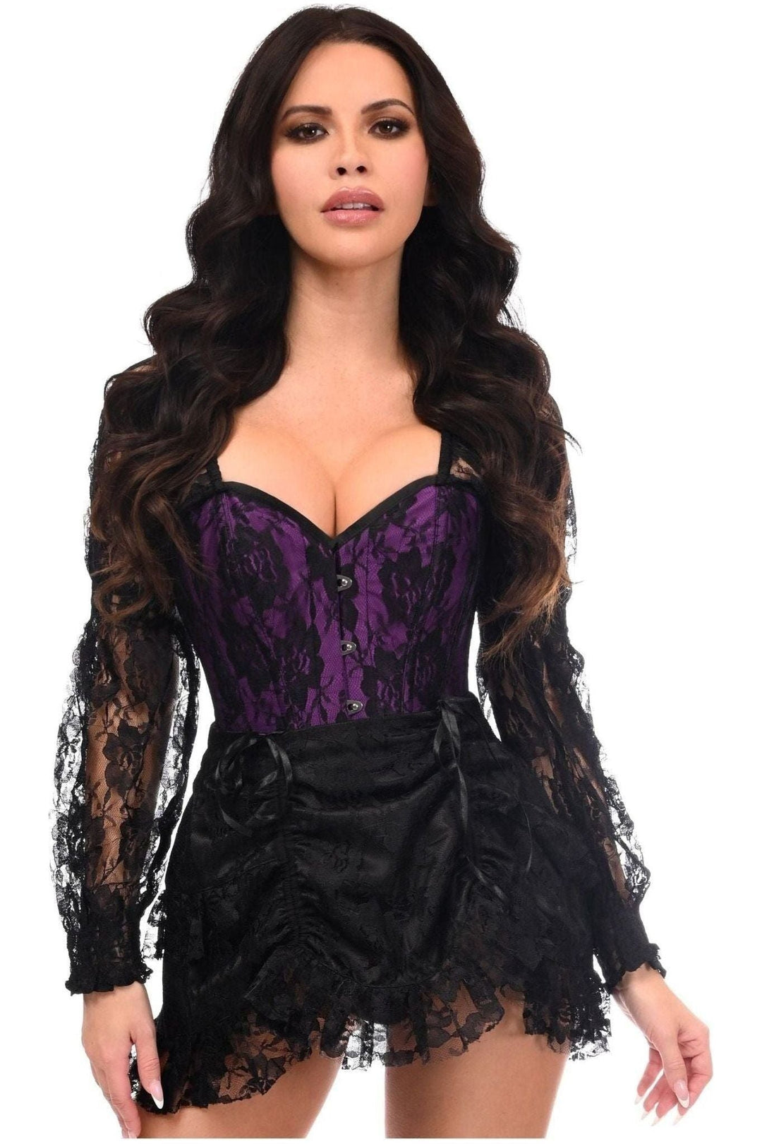 Daisy Corsets Top Drawer 2 PC Black/Purple Lace Steel Boned Corset & Skirt Set in Purple