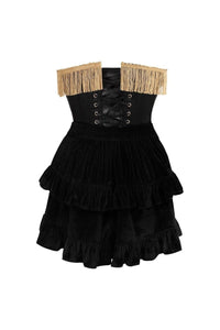 Daisy Corsets Top Drawer 2 PC Burlesque Black & Dark Red Steel Boned Corset w/Gold Fringe & Skirt Set in Red