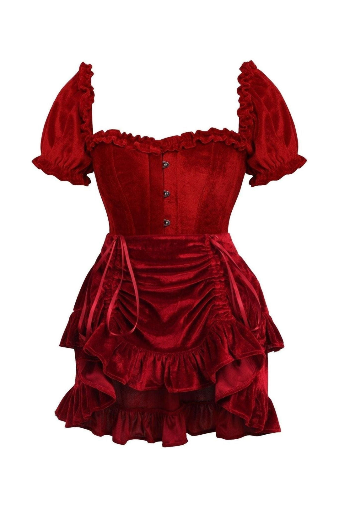 Daisy Corsets Top Drawer 2 PC Dark Red Velvet Steel Boned Corset w/sleeves & Skirt Set in Red  from SexyShoes.com
