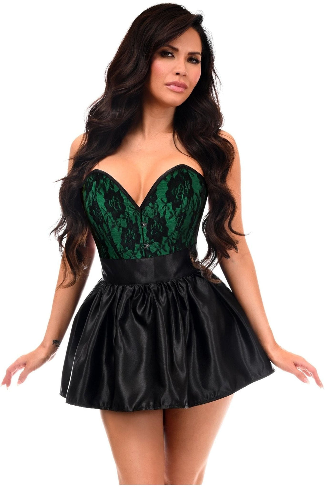 Daisy Corsets Top Drawer 2 PC Green/Black Lace Steel Boned Corset & Satin Skirt Set in Green