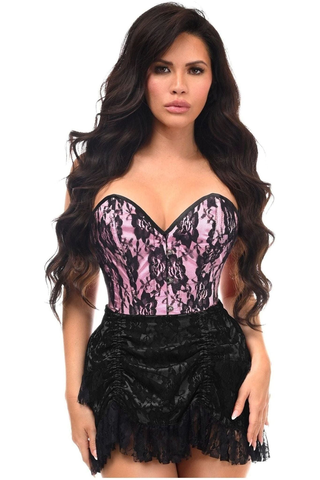 Daisy Corsets Top Drawer 2 PC Pink/Black Lace Steel Boned Corset & Skirt Set in Pink
