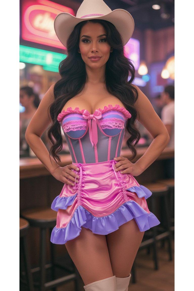 Top Drawer 2 PC Steel Boned Purple/Pink Mesh Underwire Bustier Corset & Skirt Set-Corset Sets-SEXYSHOES.COM