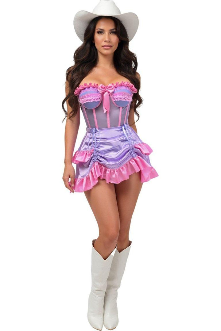 Top Drawer 2 PC Steel Boned Purple/Pink Mesh Underwire Bustier Corset & Skirt Set-Corset Sets-SEXYSHOES.COM