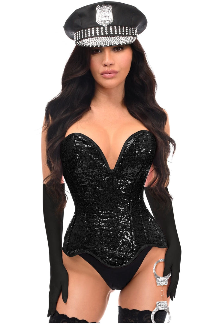 Top Drawer 4 PC Black Sequin Corset Cop Costume-Cop Costumes-SEXYSHOES.COM