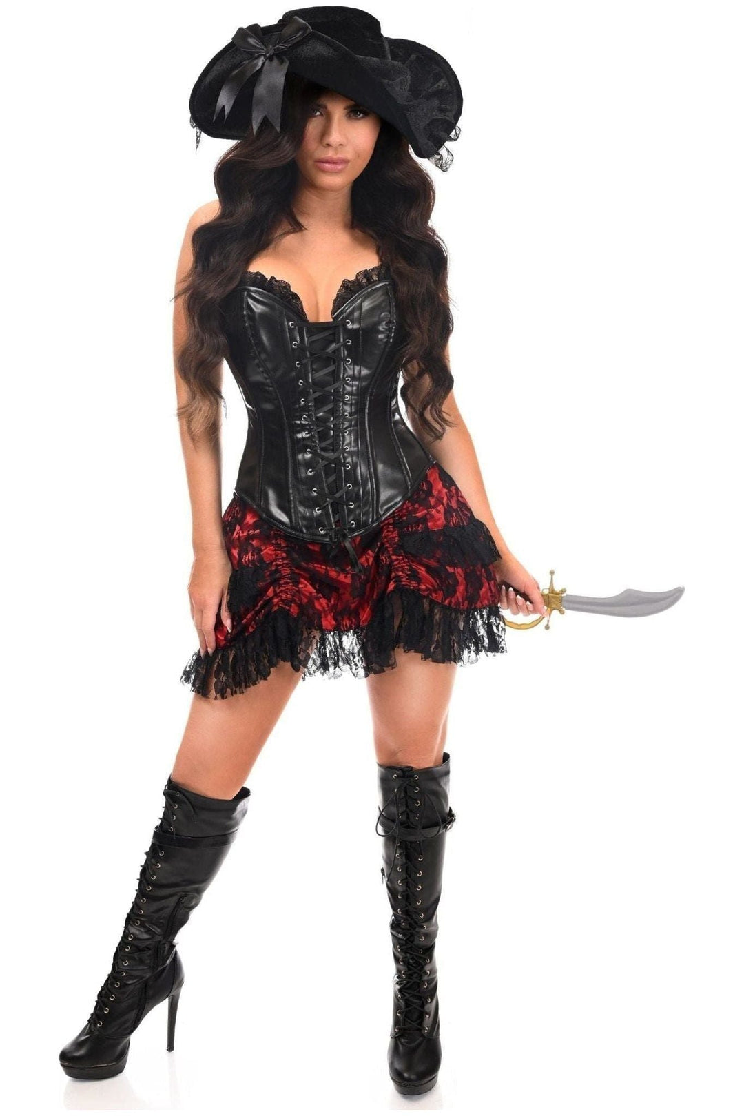 Top Drawer 4 PC Premium Black/Red Lace Pirate Corset Costume-Pirate Costumes-SEXYSHOES.COM