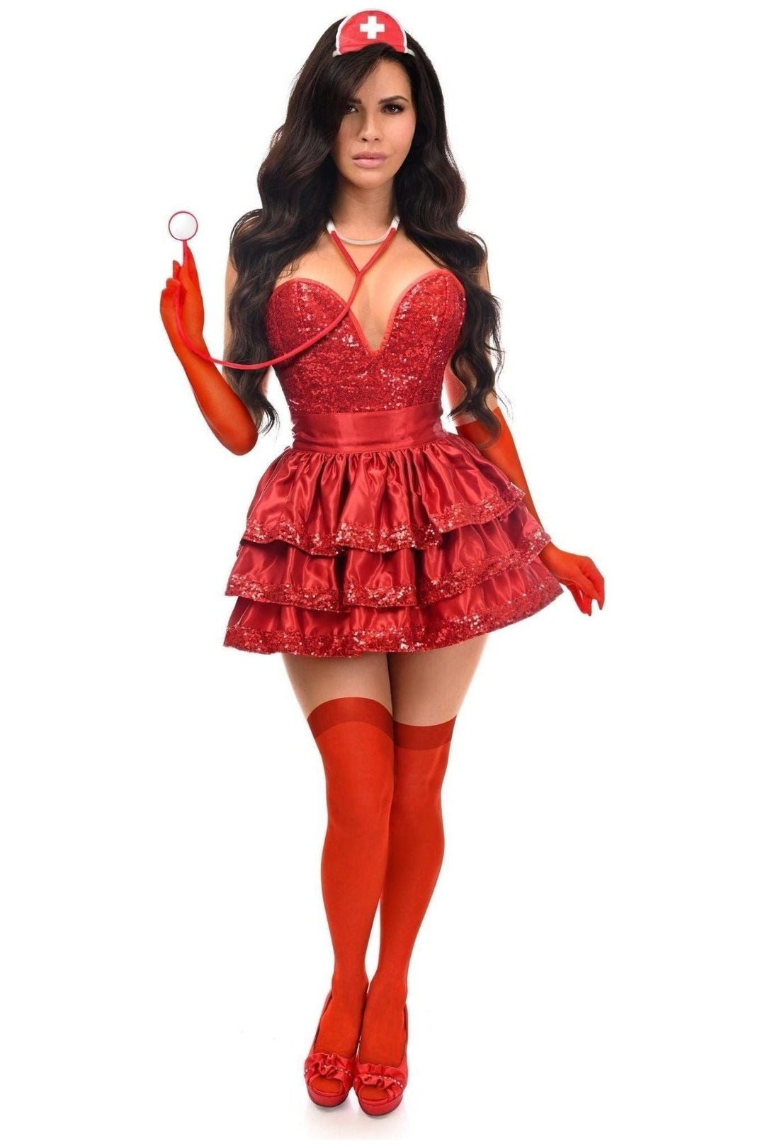 Top Drawer 5 PC Red Sequin Nurse Corset Costume-Nurse Costumes-SEXYSHOES.COM