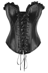 Daisy Corsets Top Drawer Black Faux Leather & Black Lace Trim Lace Up Steel Boned Corset in Black  from SexyShoes.com