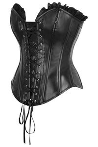 Daisy Corsets Top Drawer Black Faux Leather & Black Lace Trim Lace Up Steel Boned Corset in Black