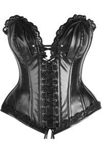 Daisy Corsets Top Drawer Black Faux Leather & Lace Trim Steel Boned Corset in Black  from SexyShoes.com