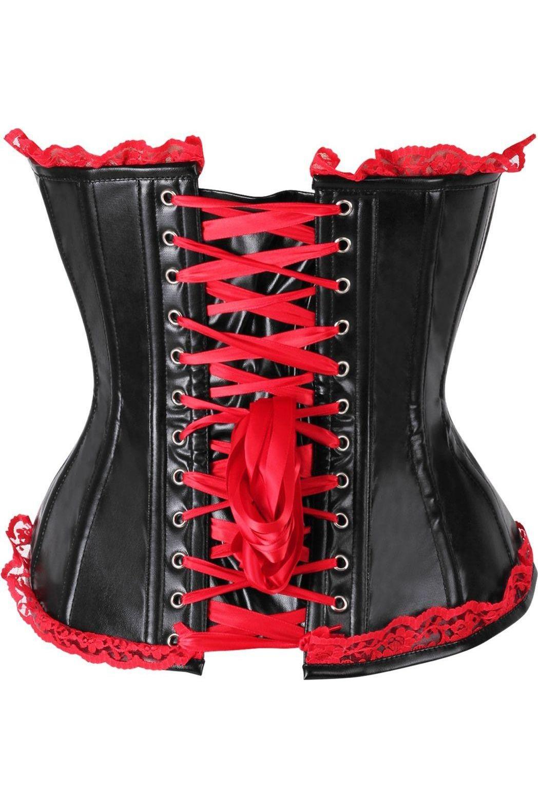 Daisy Corsets Top Drawer Black Faux Leather & Red Lace Trim Steel Boned Corset in Red