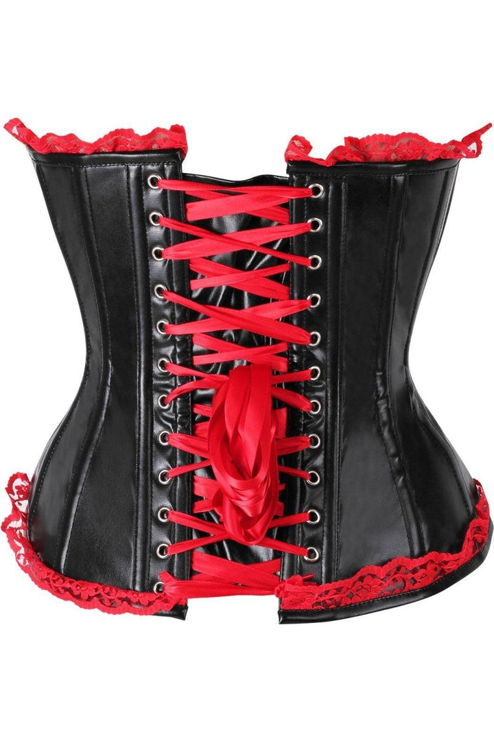 Daisy Corsets Top Drawer Black Faux Leather & Red Lace Trim Steel Boned Corset in Red