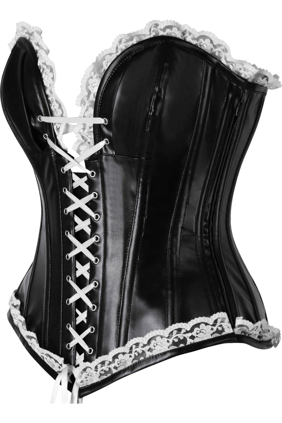 Daisy Corsets Top Drawer Black Faux Leather & White Lace Trim Steel Boned Corset in White