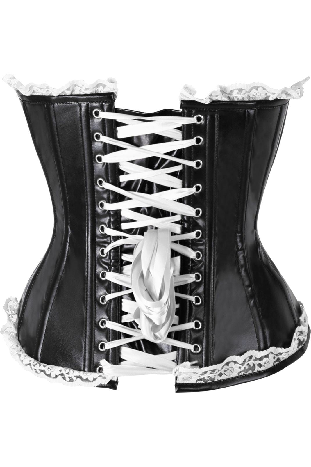 Daisy Corsets Top Drawer Black Faux Leather & White Lace Trim Steel Boned Corset in White