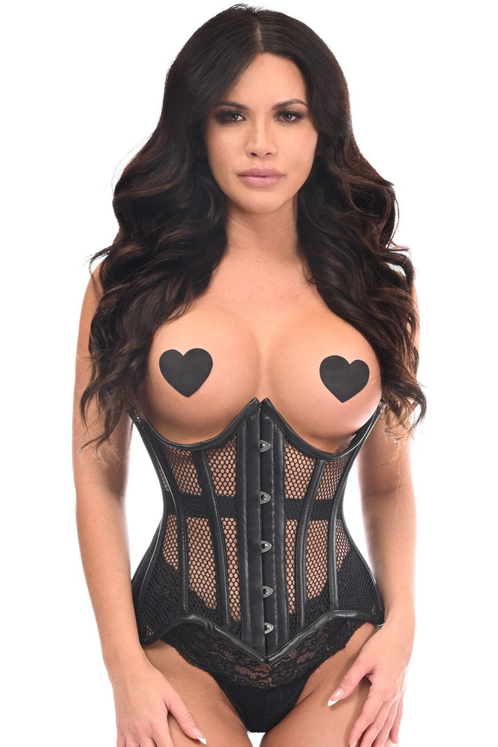 Top Drawer Black Fishnet & Faux Leather Steel Boned Underwire Curvy Cut Waist Cincher Corset-Waist Cinchers-SEXYSHOES.COM