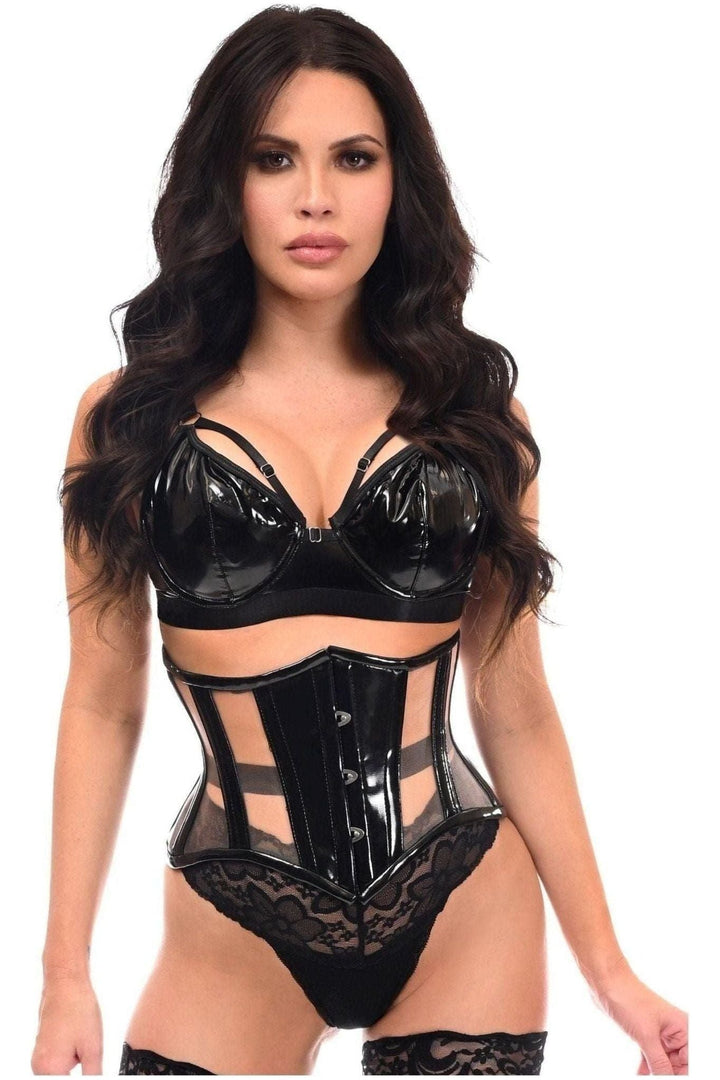 Top Drawer Black Patent & Nude Mesh Steel Boned Mini Cincher Under Bust Corset-Waist Cinchers-SEXYSHOES.COM