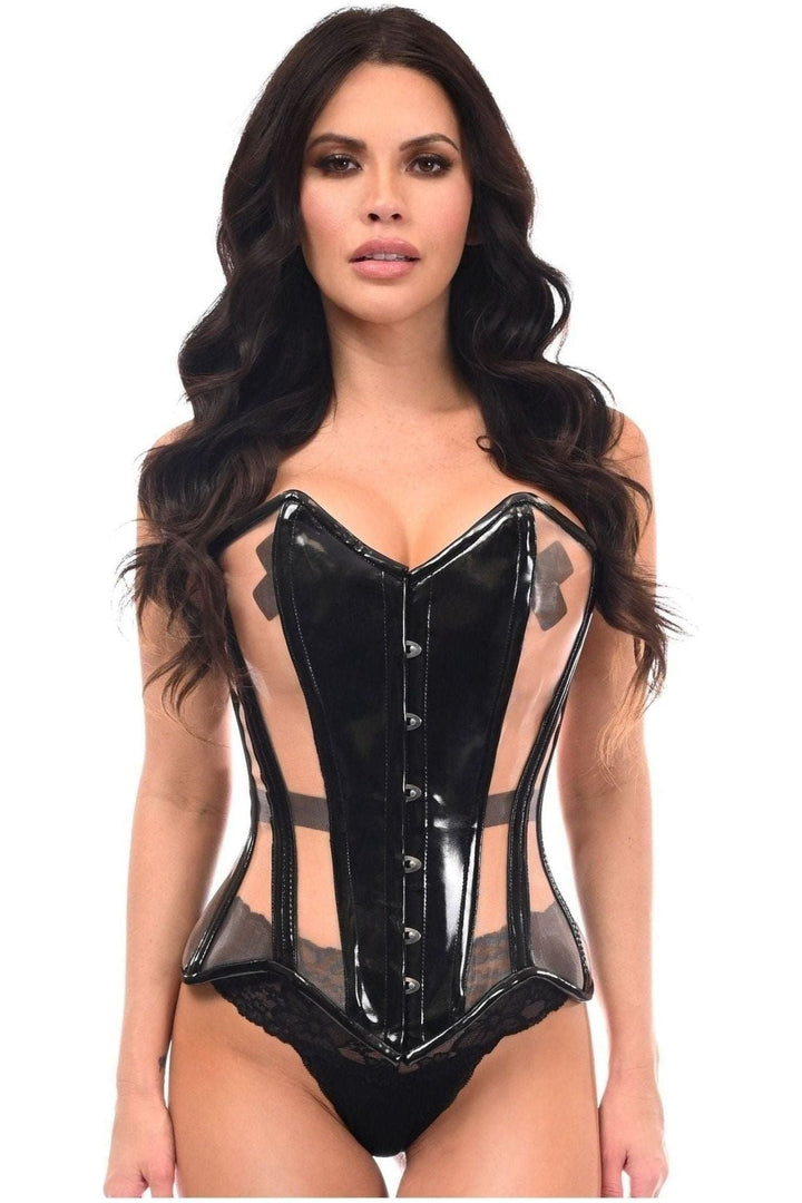 Daisy Corsets Top Drawer Black Patent & Nude Mesh Steel Boned Overbust Corset in Black  from SexyShoes.com