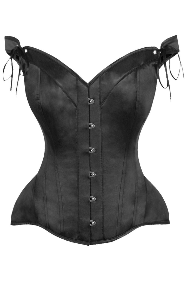 Top Drawer Black Satin Steel Boned Corset w/Straps-Overbust Corsets-SEXYSHOES.COM
