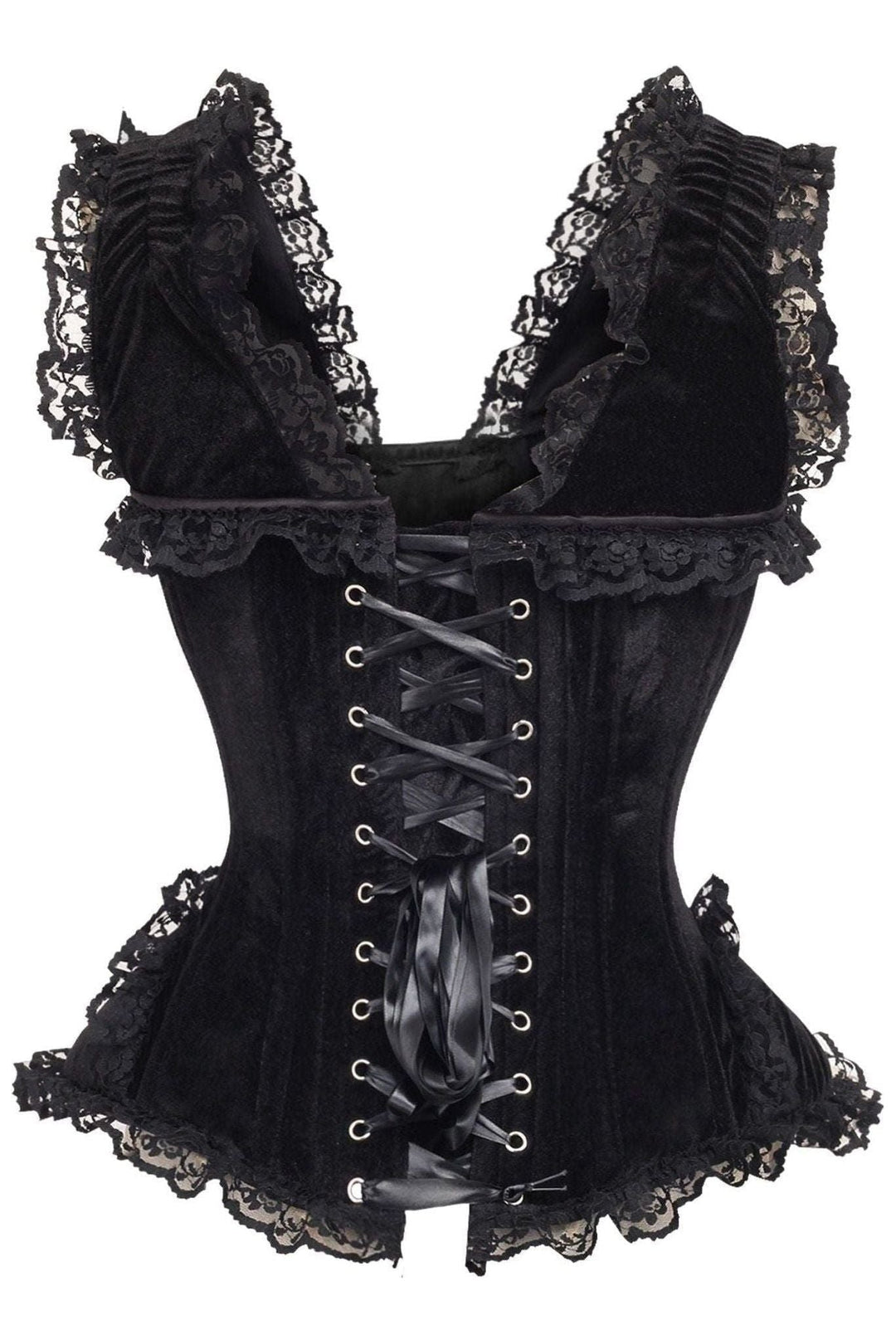 Top Drawer Black Velvet & Lace Steel Boned Corset w/Cap Sleeves-Overbust Corsets-SEXYSHOES.COM