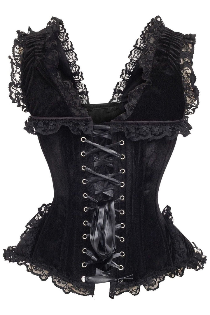 Top Drawer Black Velvet & Lace Steel Boned Corset w/Cap Sleeves-Overbust Corsets-SEXYSHOES.COM
