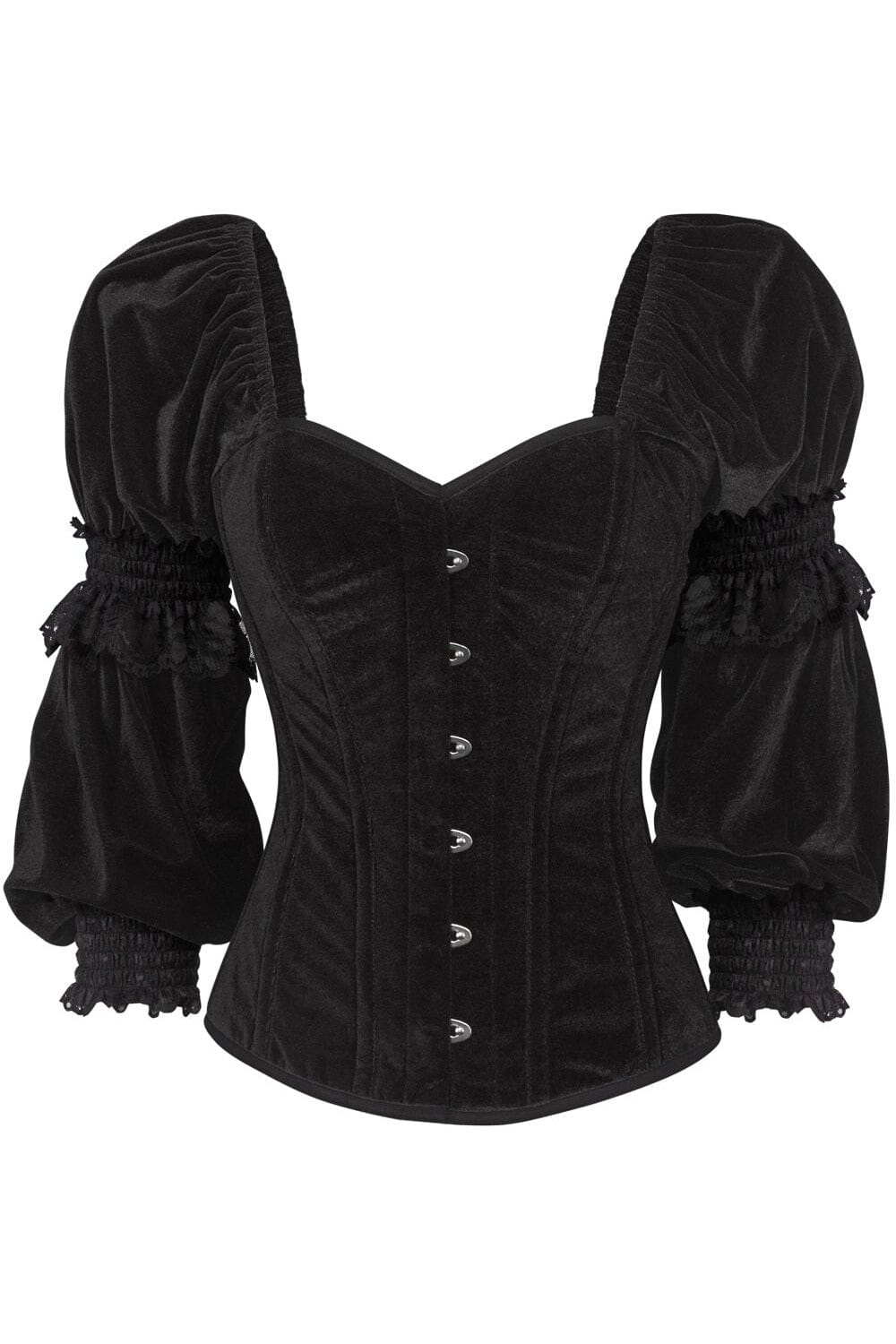Top Drawer Black Velvet Steel Boned Long Sleeve Corset-Overbust Corsets-SEXYSHOES.COM