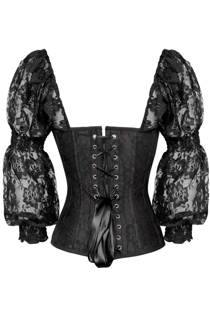 Top Drawer Black w/Black Lace Steel Boned Long Sleeve Corset-Overbust Corsets-SEXYSHOES.COM