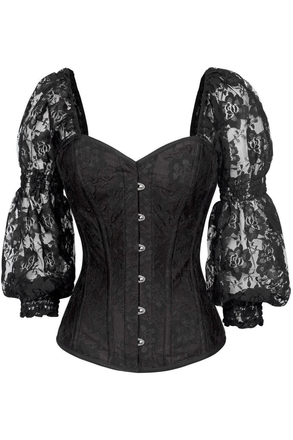 Top Drawer Black w/Black Lace Steel Boned Long Sleeve Corset-Overbust Corsets-SEXYSHOES.COM