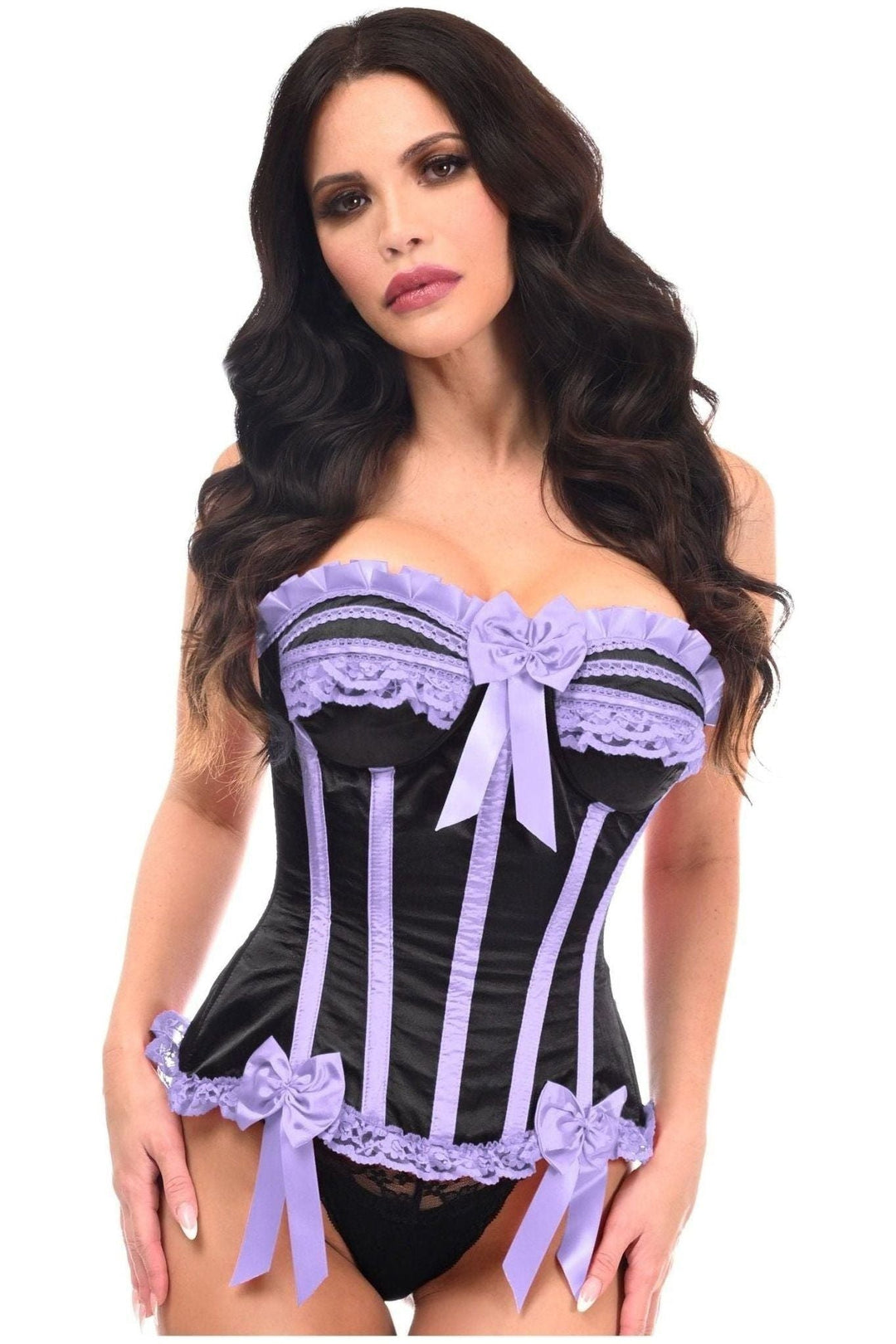 Daisy Corsets Top Drawer Black/Lavender Satin Steel Boned Burlesque Corset in Black
