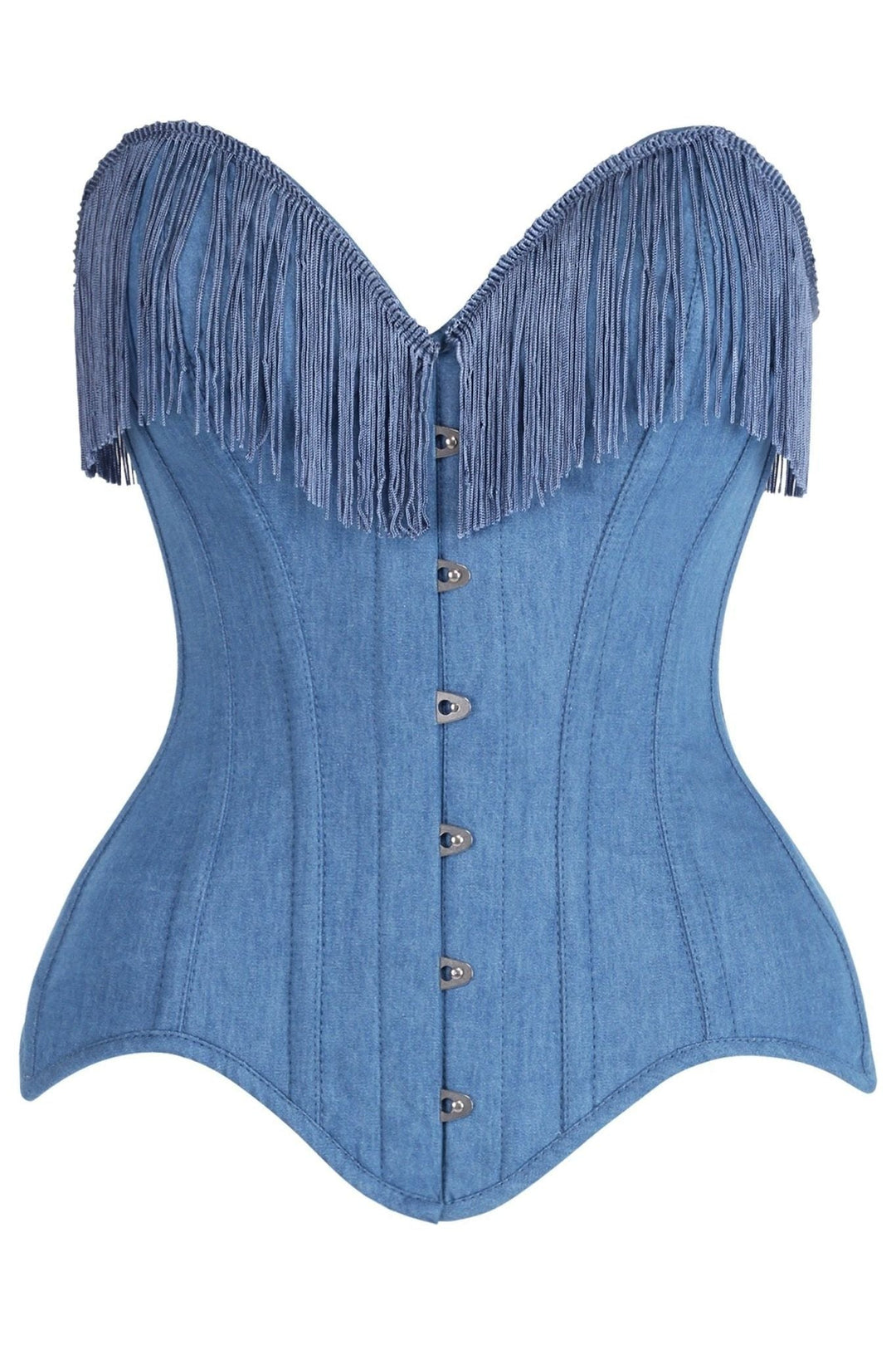 Daisy Corsets Top Drawer Blue Denim Steel Boned Overbust Corset w/Fringe in Blue  from SexyShoes.com