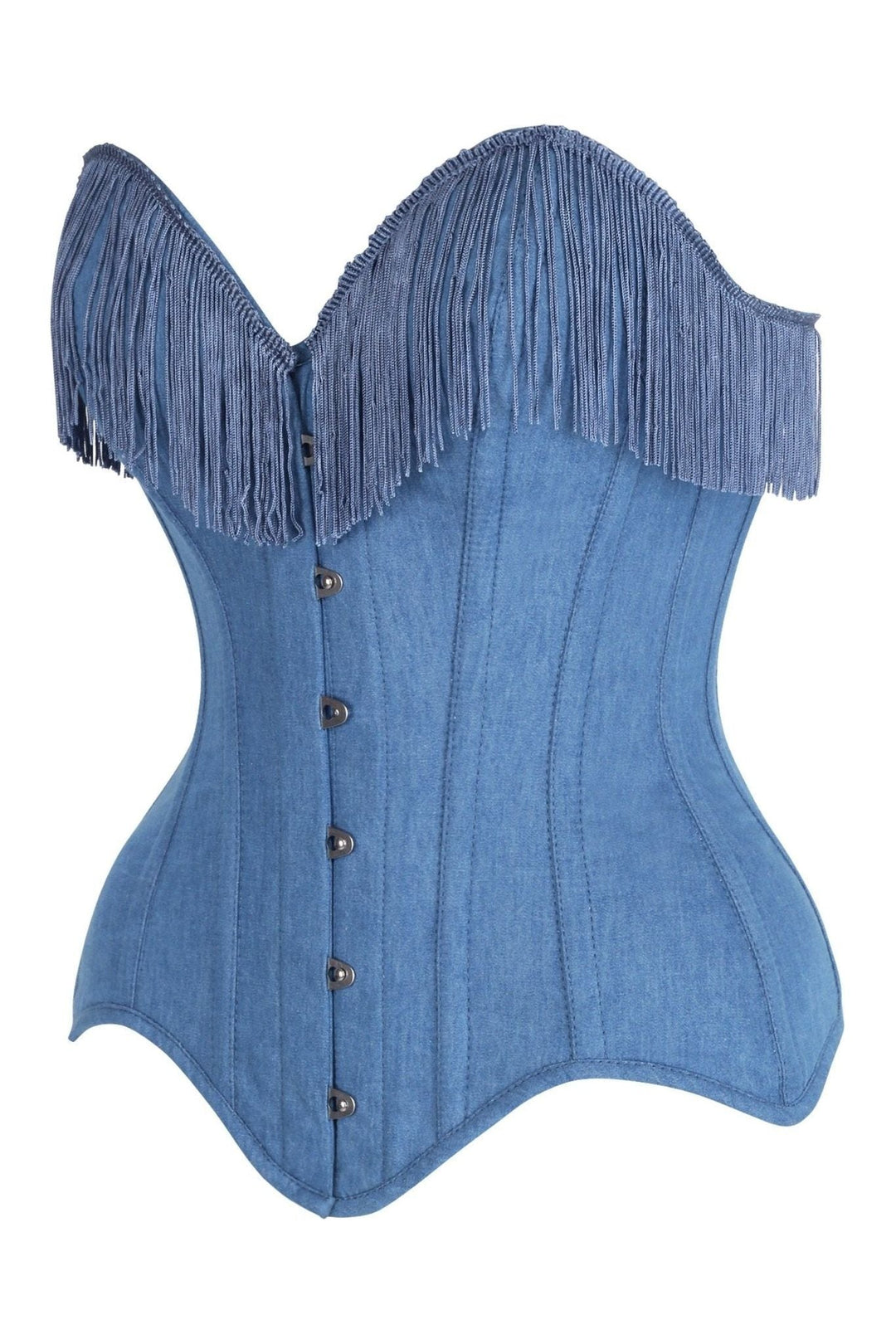 Daisy Corsets Top Drawer Blue Denim Steel Boned Overbust Corset w/Fringe in Blue