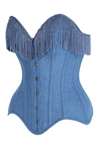 Daisy Corsets Top Drawer Blue Denim Steel Boned Overbust Corset w/Fringe in Blue