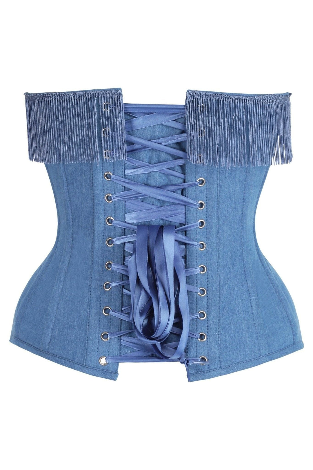 Daisy Corsets Top Drawer Blue Denim Steel Boned Overbust Corset w/Fringe in Blue