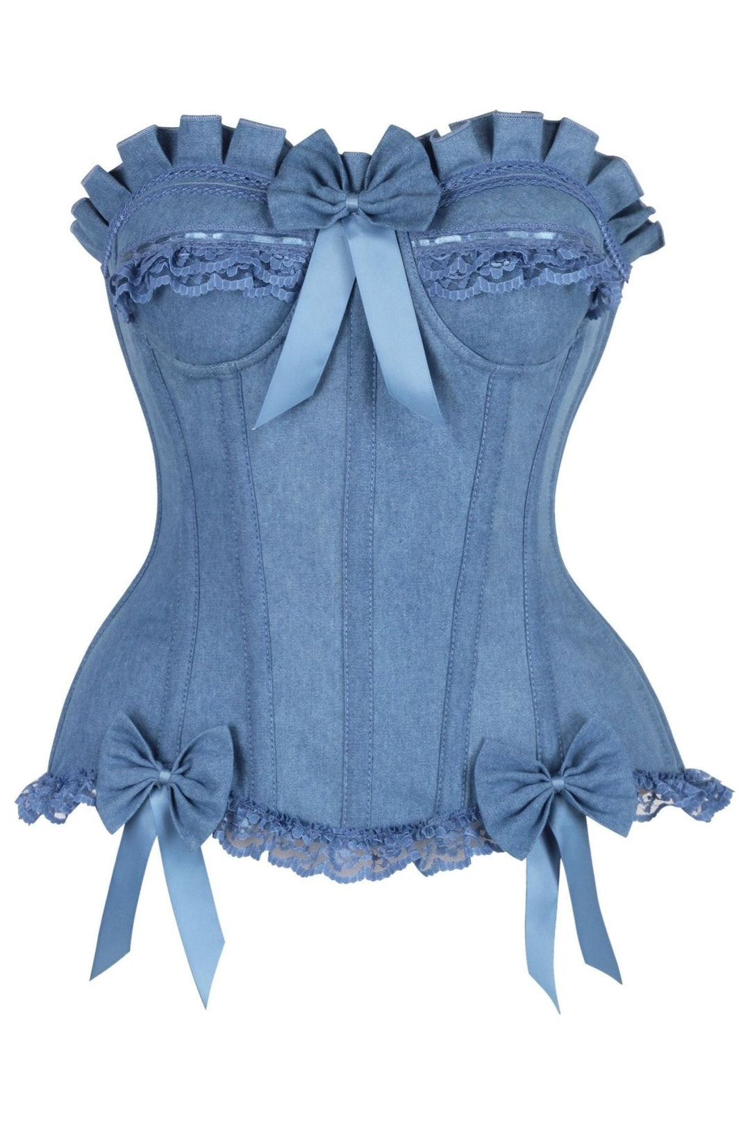Daisy Corsets Top Drawer Blue Denim Underwire Steel Boned Burlesque Corset w/Bows in Blue  from SexyShoes.com