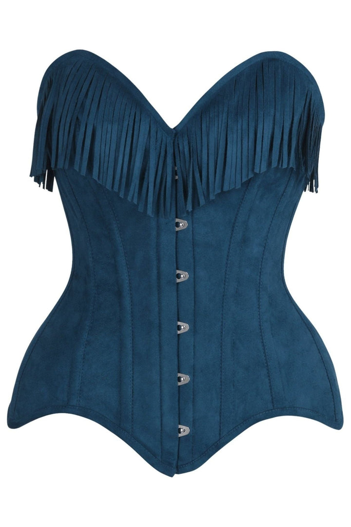 Top Drawer Blue Suede Steel Boned Overbust Corset w/Fringe-Overbust Corsets-SEXYSHOES.COM