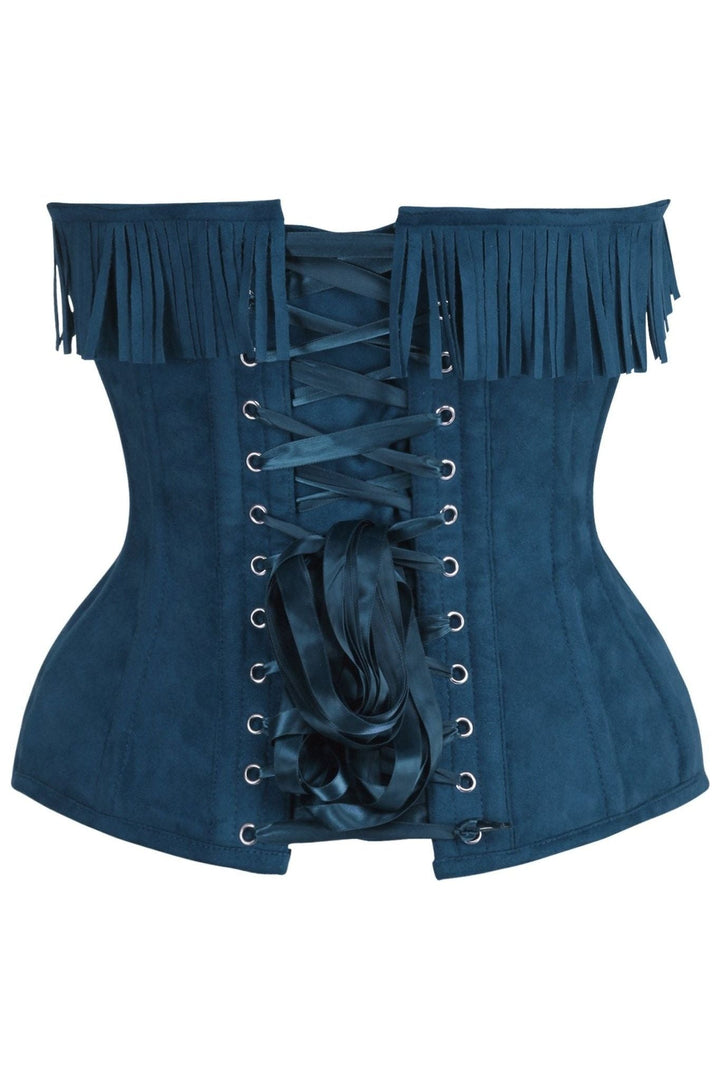 Top Drawer Blue Suede Steel Boned Overbust Corset w/Fringe-Overbust Corsets-SEXYSHOES.COM