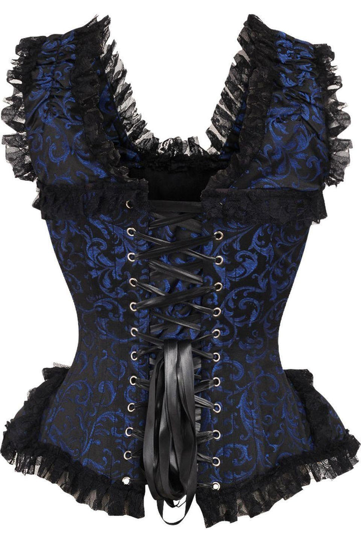 Top Drawer Blue/Black Swirl Brocade & Lace Steel Boned Corset w/Cap Sleeves-Overbust Corsets-SEXYSHOES.COM