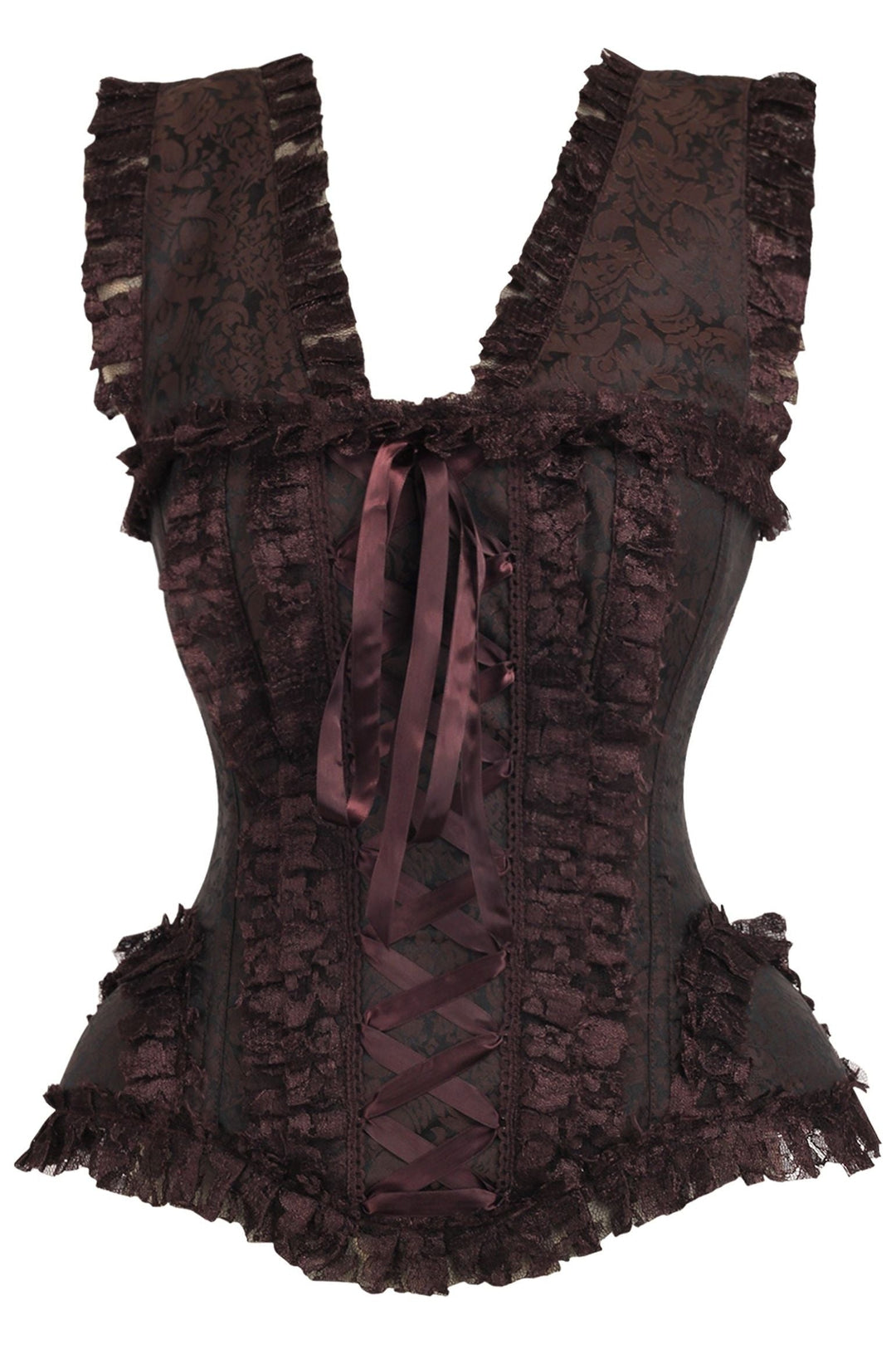 Daisy Corsets Top Drawer Brown Swirl Brocade & Lace Steel Boned Corset w/Cap Sleeves in Brown  from SexyShoes.com