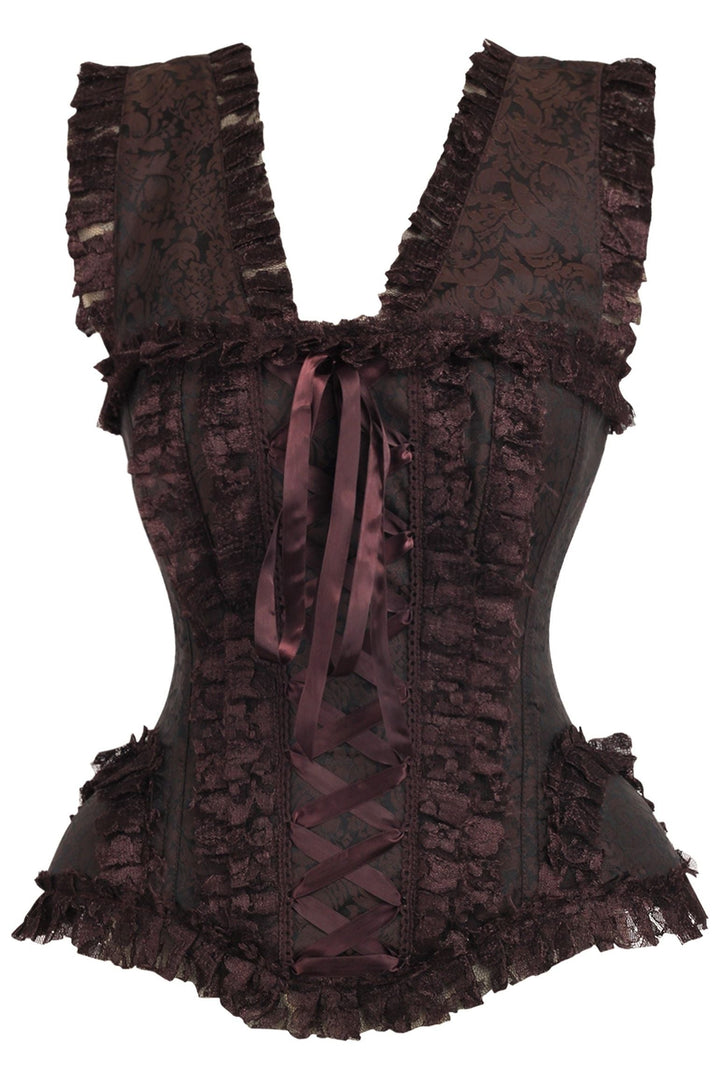 Daisy Corsets Top Drawer Brown Swirl Brocade & Lace Steel Boned Corset w/Cap Sleeves in Brown  from SexyShoes.com
