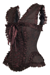 Daisy Corsets Top Drawer Brown Swirl Brocade & Lace Steel Boned Corset w/Cap Sleeves in Brown