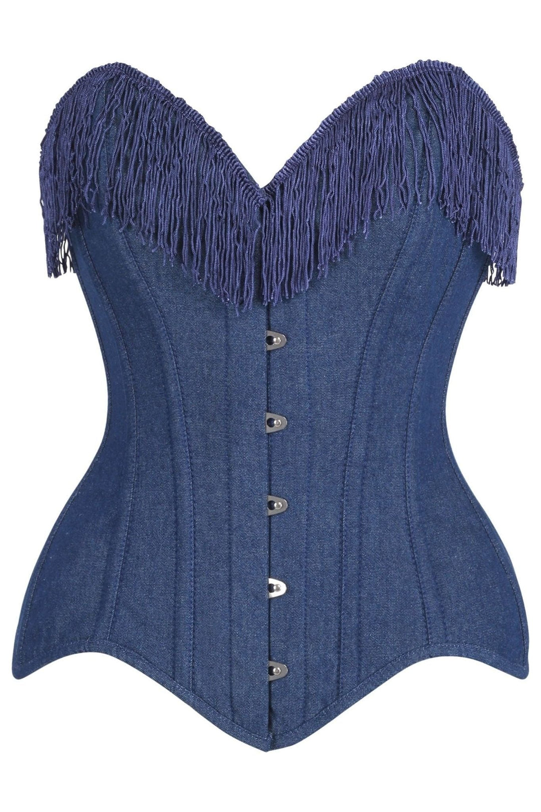 Daisy Corsets Top Drawer Dark Blue Denim Steel Boned Overbust Corset w/Fringe in Blue  from SexyShoes.com