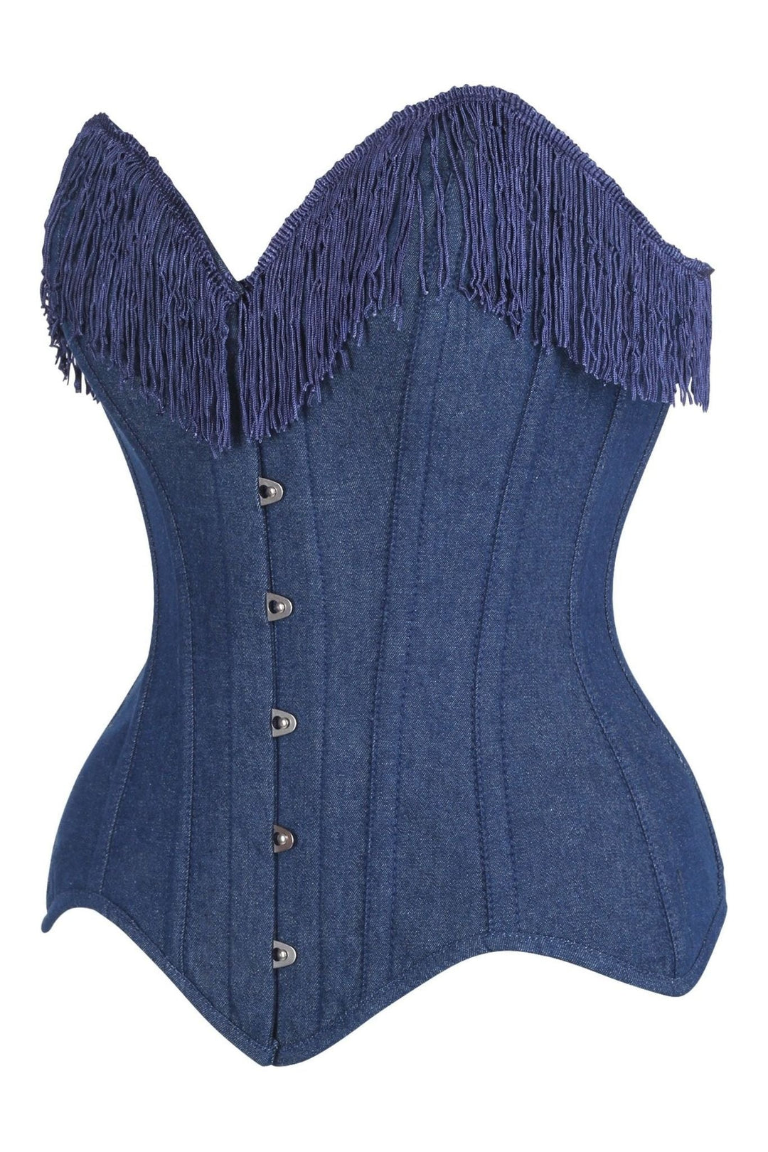 Daisy Corsets Top Drawer Dark Blue Denim Steel Boned Overbust Corset w/Fringe in Blue