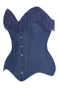 Daisy Corsets Top Drawer Dark Blue Denim Steel Boned Overbust Corset w/Fringe in Blue