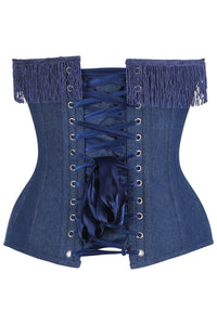Daisy Corsets Top Drawer Dark Blue Denim Steel Boned Overbust Corset w/Fringe in Blue