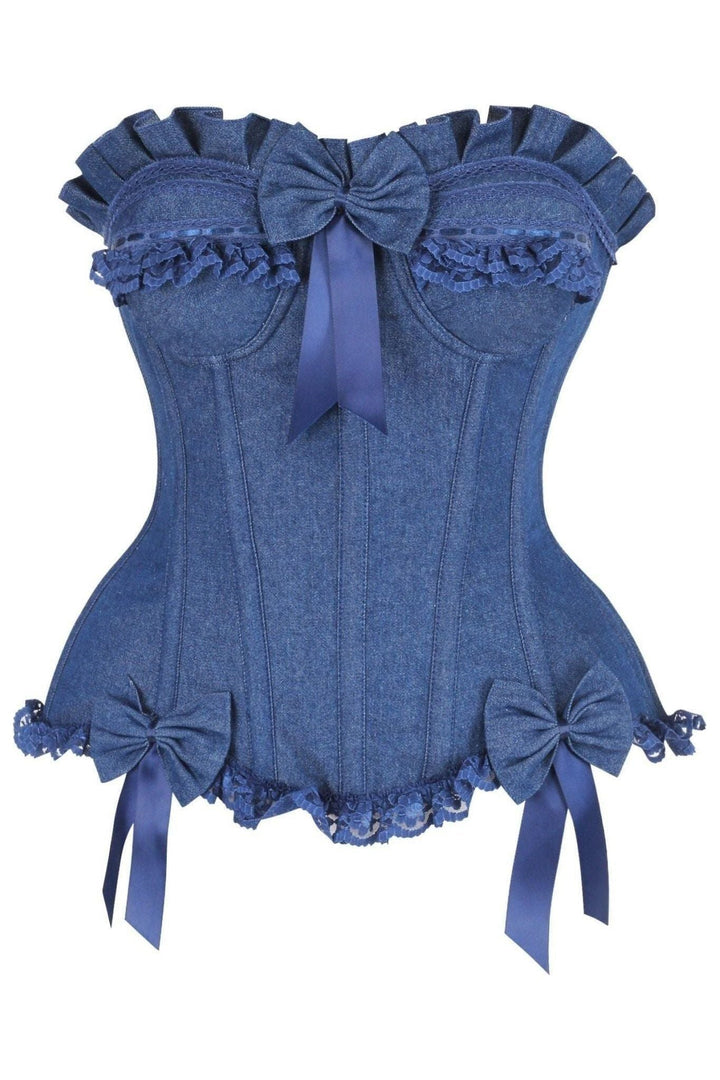 Daisy Corsets Top Drawer Dark Blue Denim Underwire Steel Boned Burlesque Corset w/Bows in Blue  from SexyShoes.com