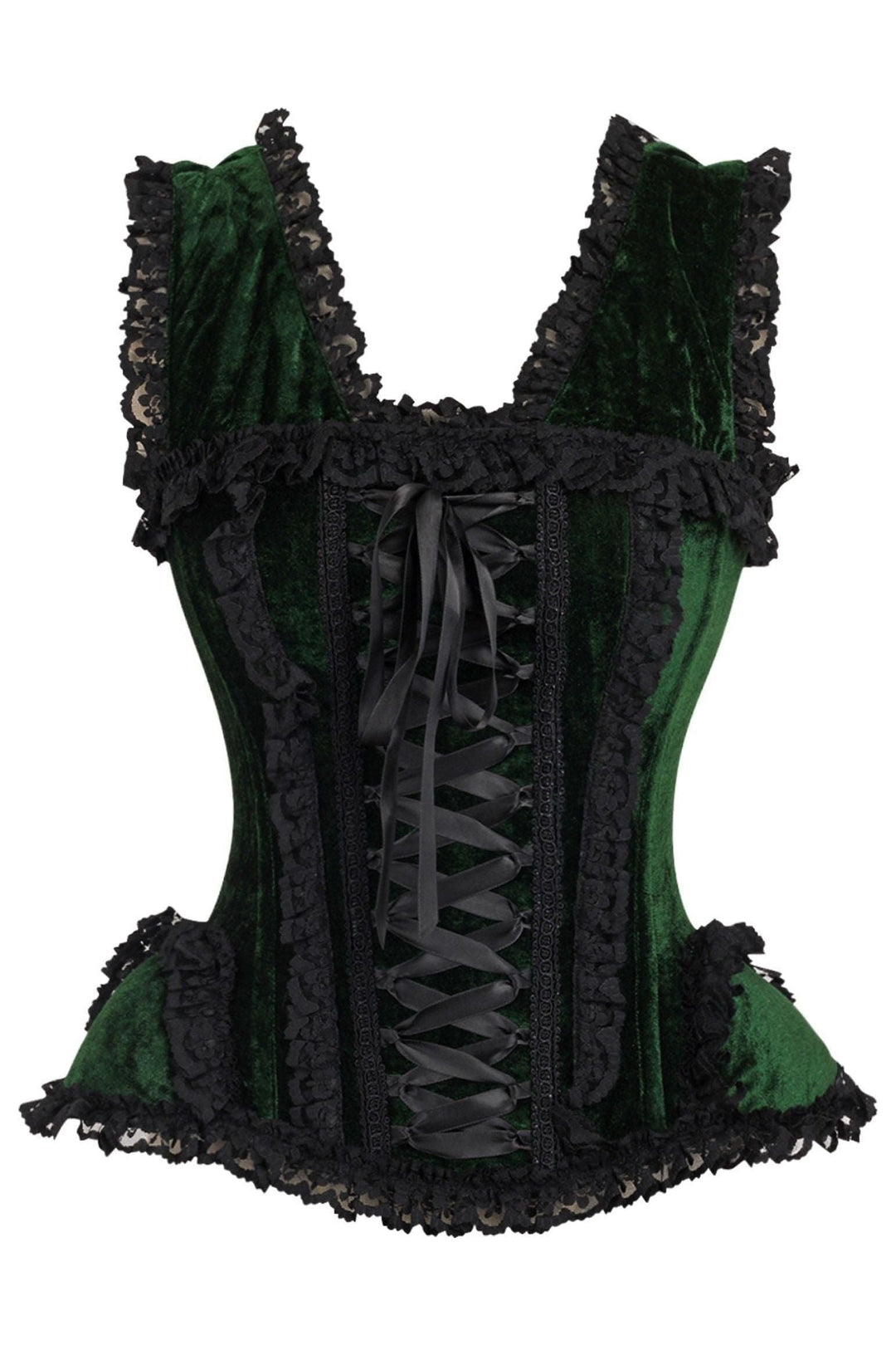 Daisy Corsets Top Drawer Dark Green Velvet & Lace Steel Boned Corset w/Cap Sleeves in Green  from SexyShoes.com