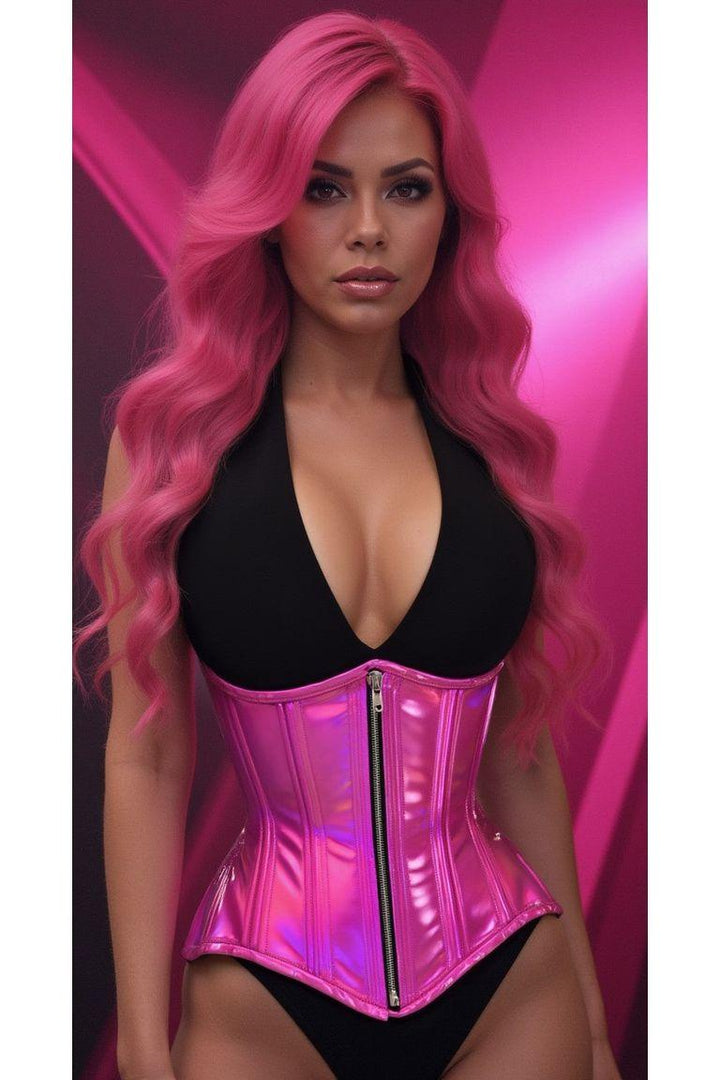 Top Drawer Fuchsia Holo Double Steel Boned Underbust Waist Cincher Corset-Waist Cinchers-SEXYSHOES.COM